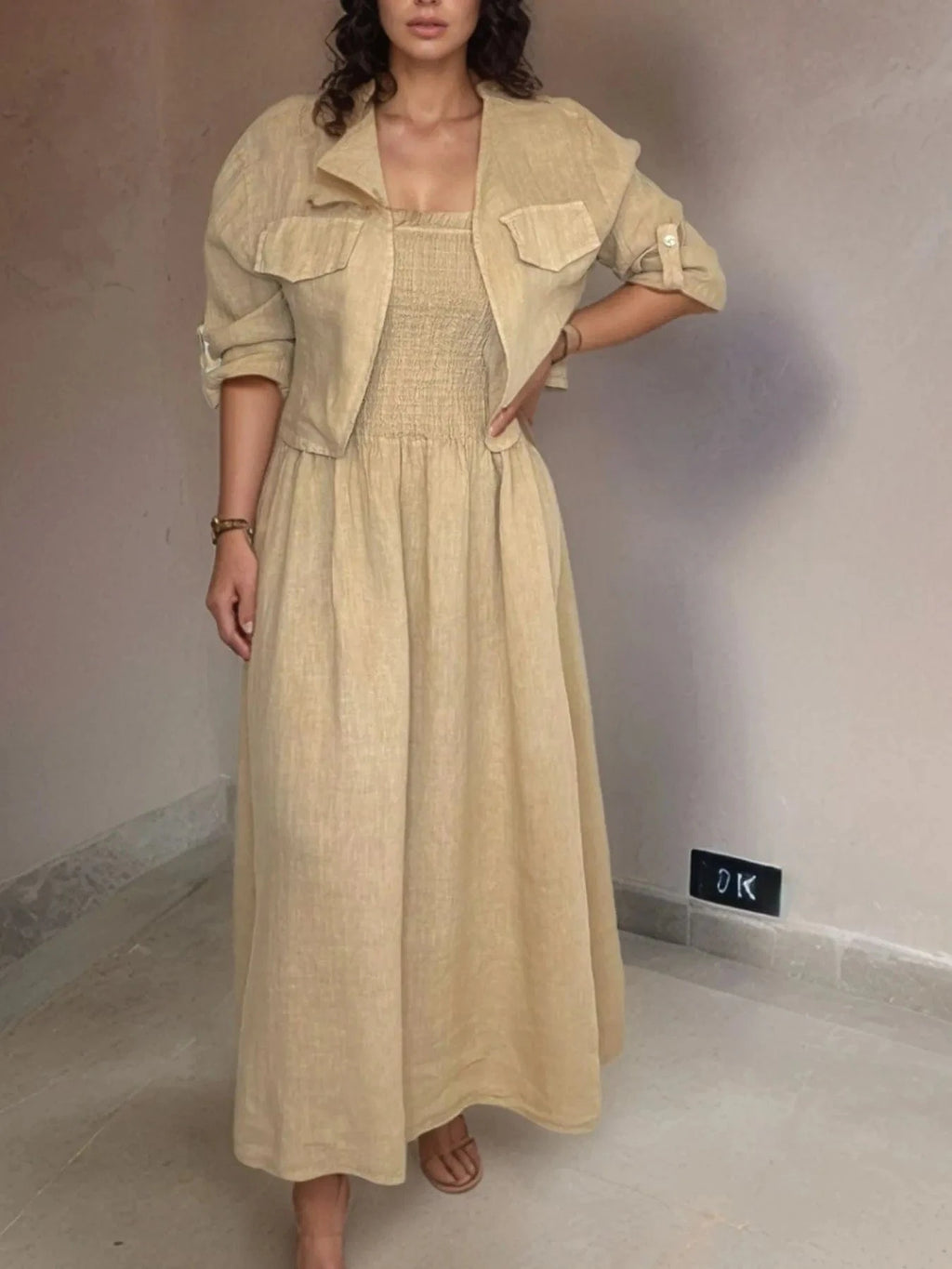 Full Size Smocked Cami Dress and Jacket Set Plus Size - ShalayeFashion