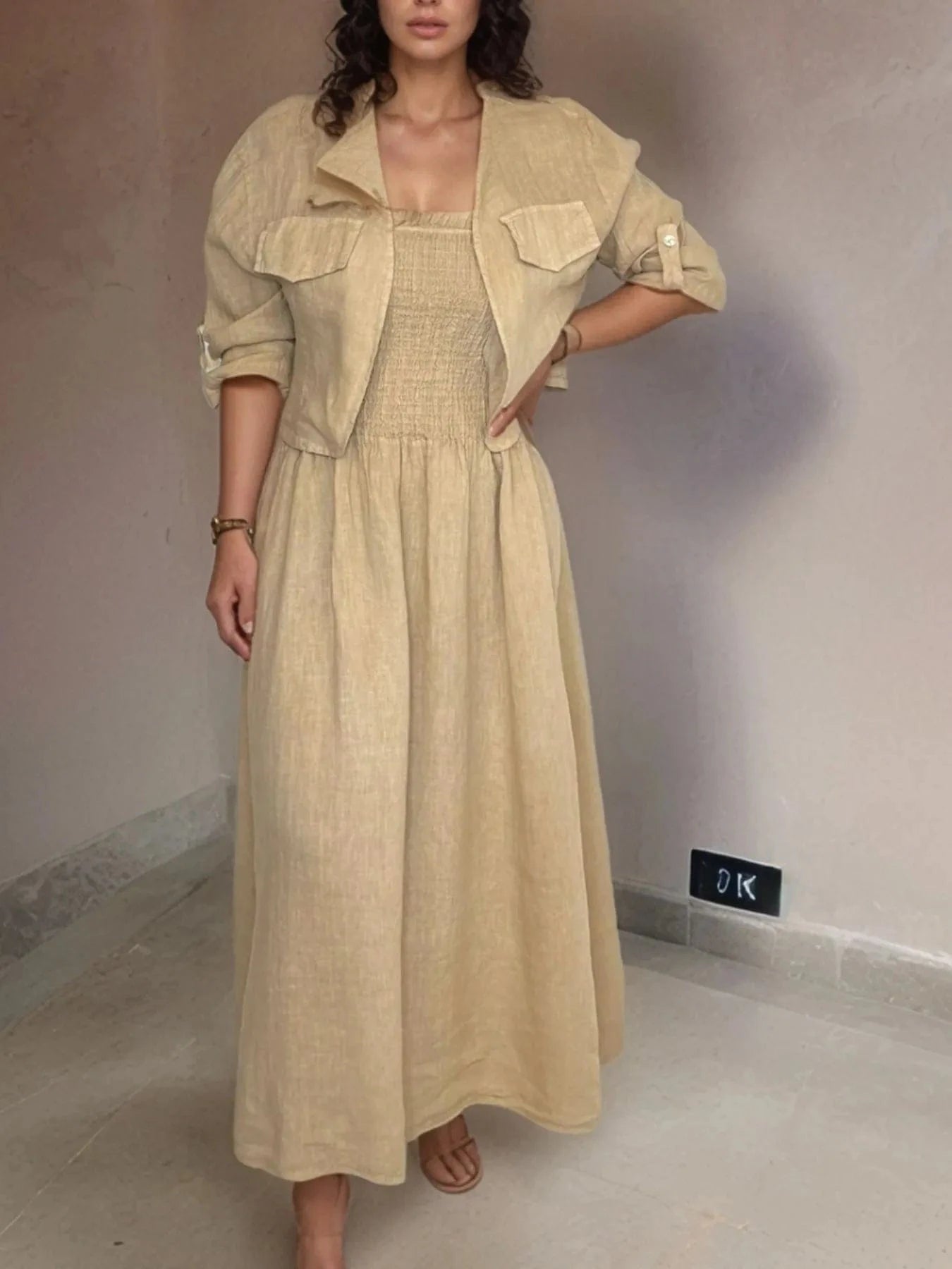 Full Size Smocked Cami Dress and Jacket Set Plus Size - ShalayeFashion