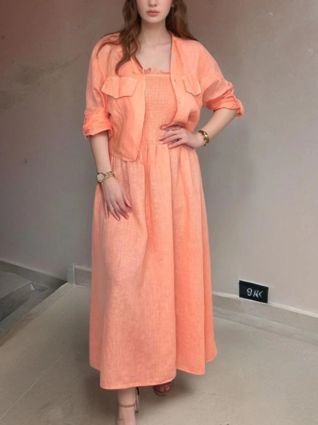 Full Size Smocked Cami Dress and Jacket Set Plus Size - ShalayeFashion