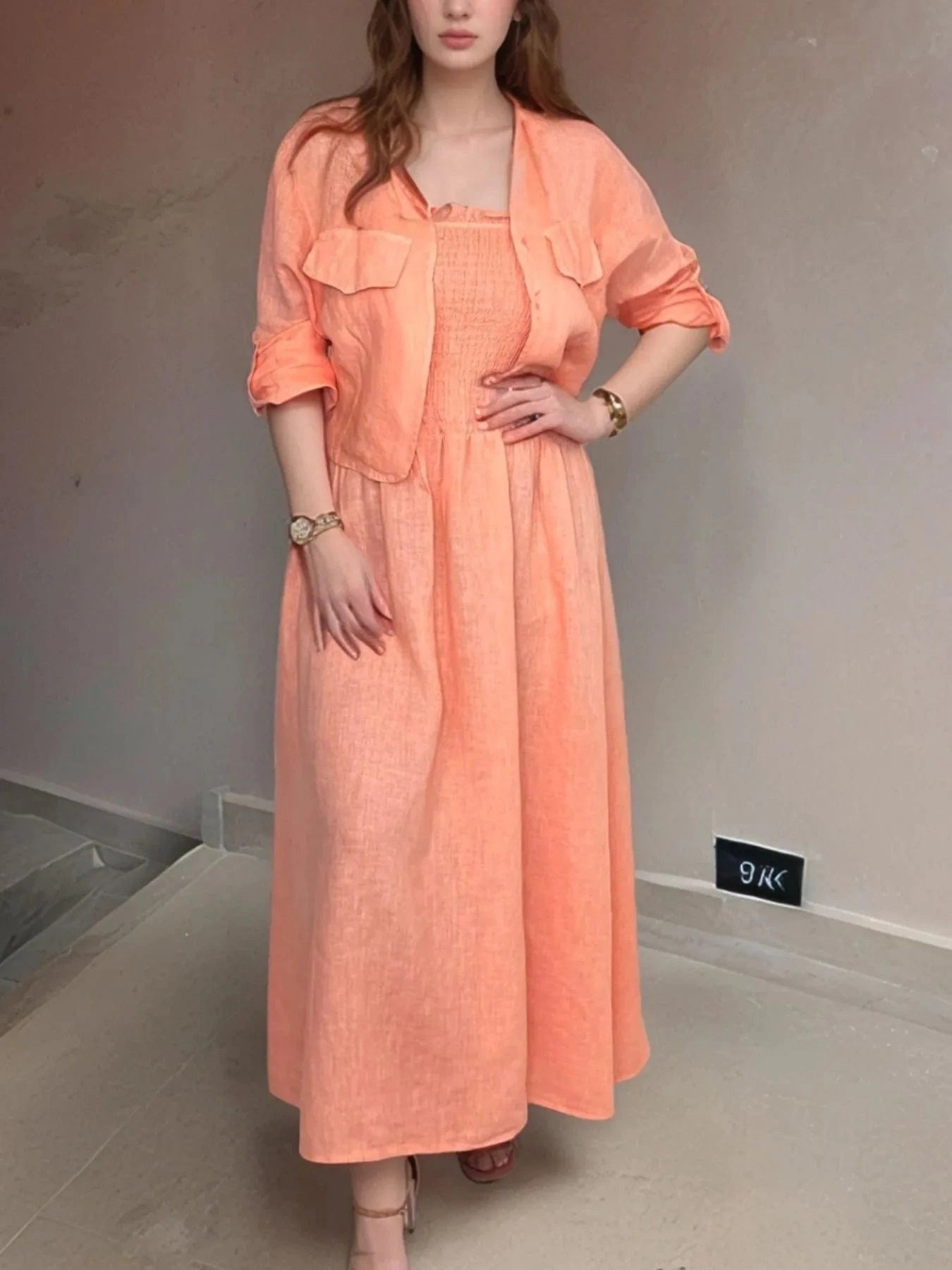 Full Size Smocked Cami Dress and Jacket Set Plus Size - ShalayeFashion