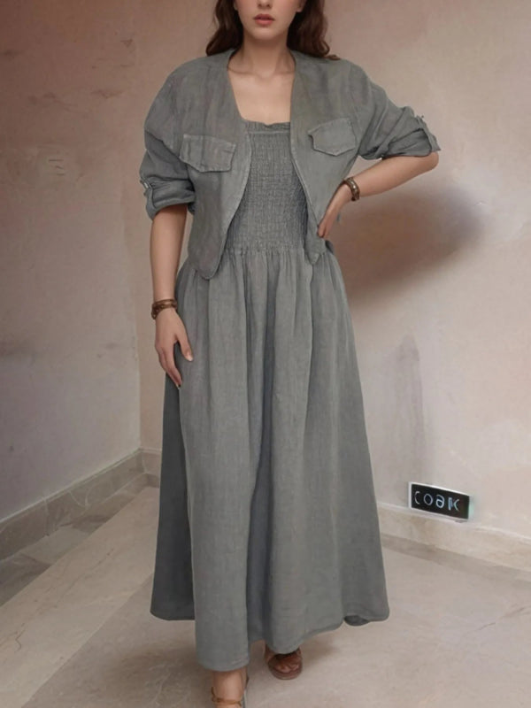 Full Size Smocked Cami Dress and Jacket Set Plus Size - ShalayeFashion
