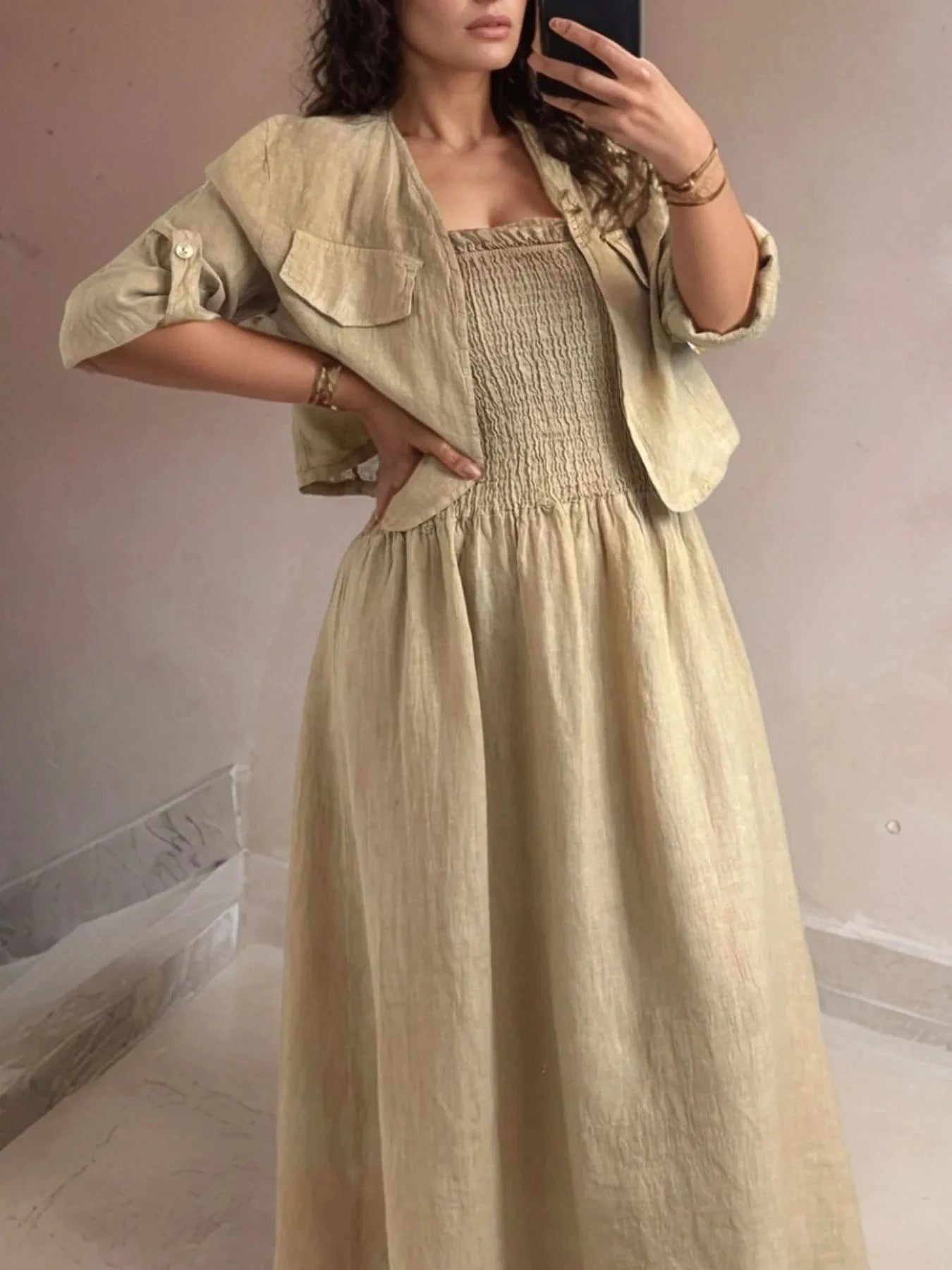 Full Size Smocked Cami Dress and Jacket Set Plus Size - ShalayeFashion