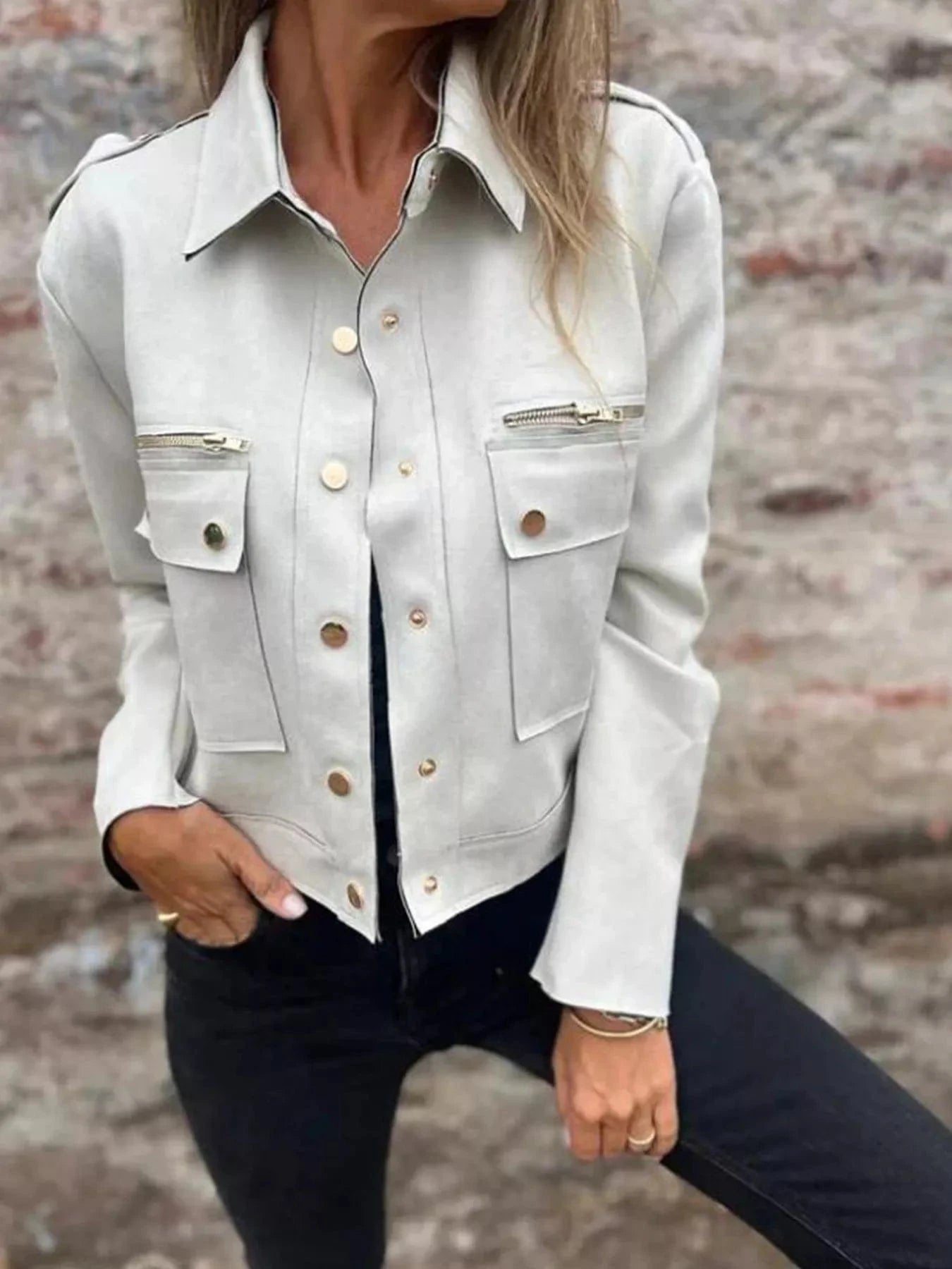 Full Size Snap Down Long Sleeve Jacket Plus Size - ShalayeFashion