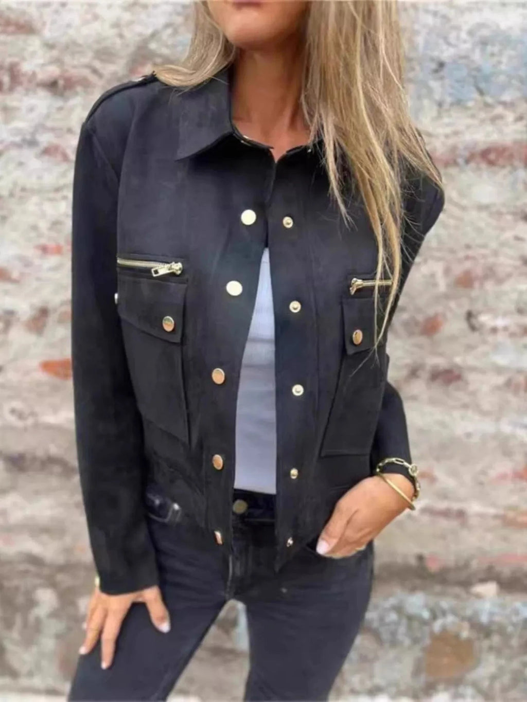 Full Size Snap Down Long Sleeve Jacket Plus Size - ShalayeFashion
