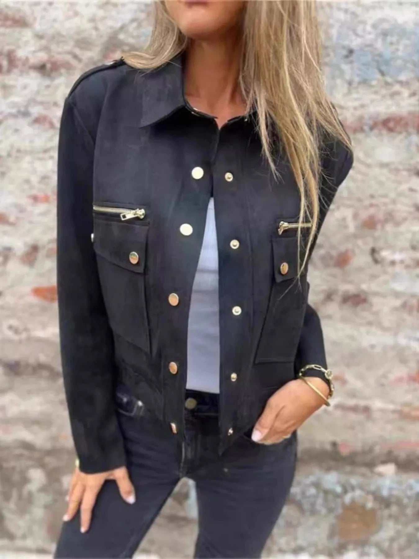 Full Size Snap Down Long Sleeve Jacket Plus Size - ShalayeFashion