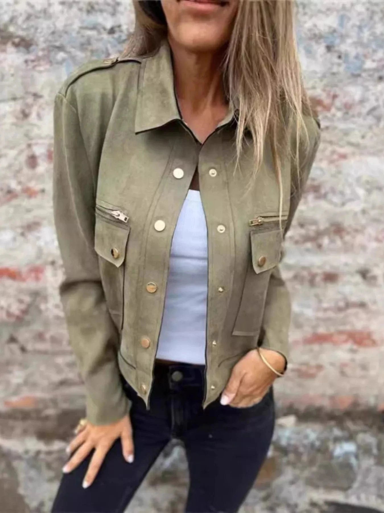 Full Size Snap Down Long Sleeve Jacket Plus Size - ShalayeFashion