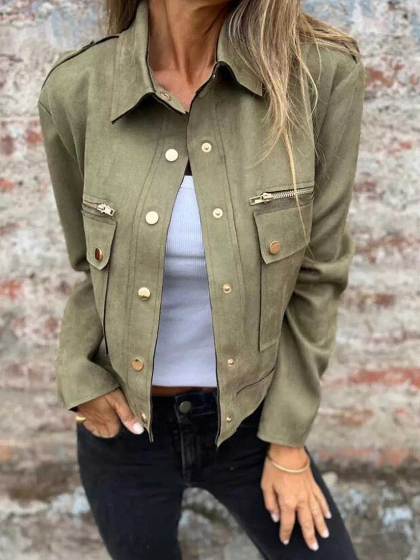 Full Size Snap Down Long Sleeve Jacket Plus Size - ShalayeFashion