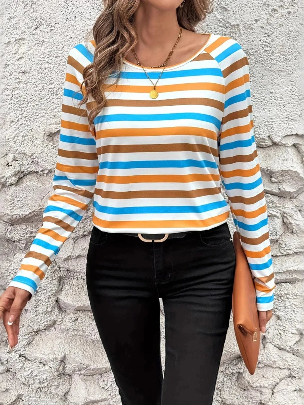 Full Size Striped Long Sleeve Casual Top Plus Size - ShalayeFashion