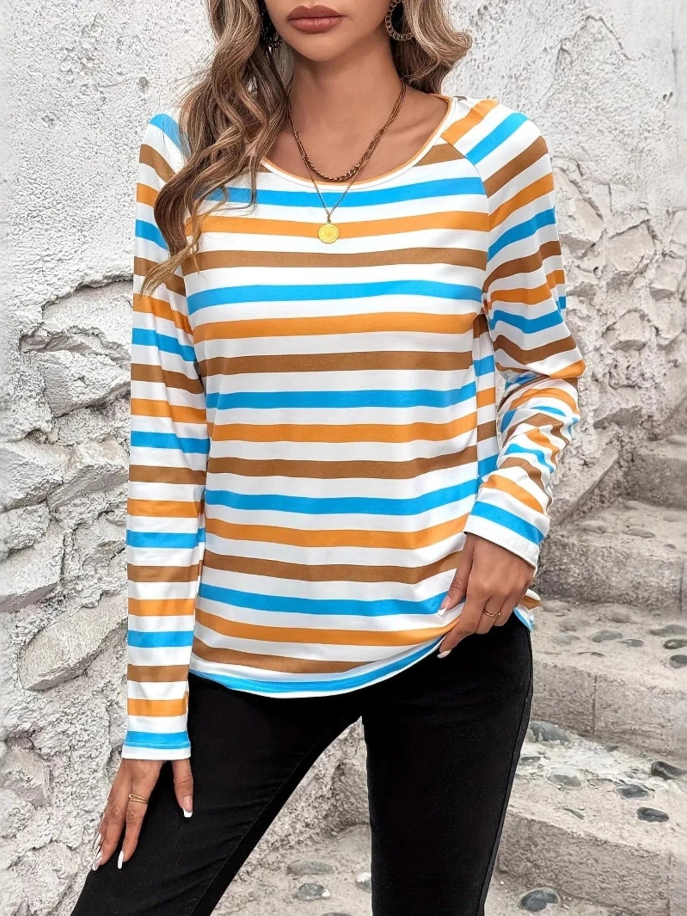 Full Size Striped Long Sleeve Casual Top Plus Size - ShalayeFashion
