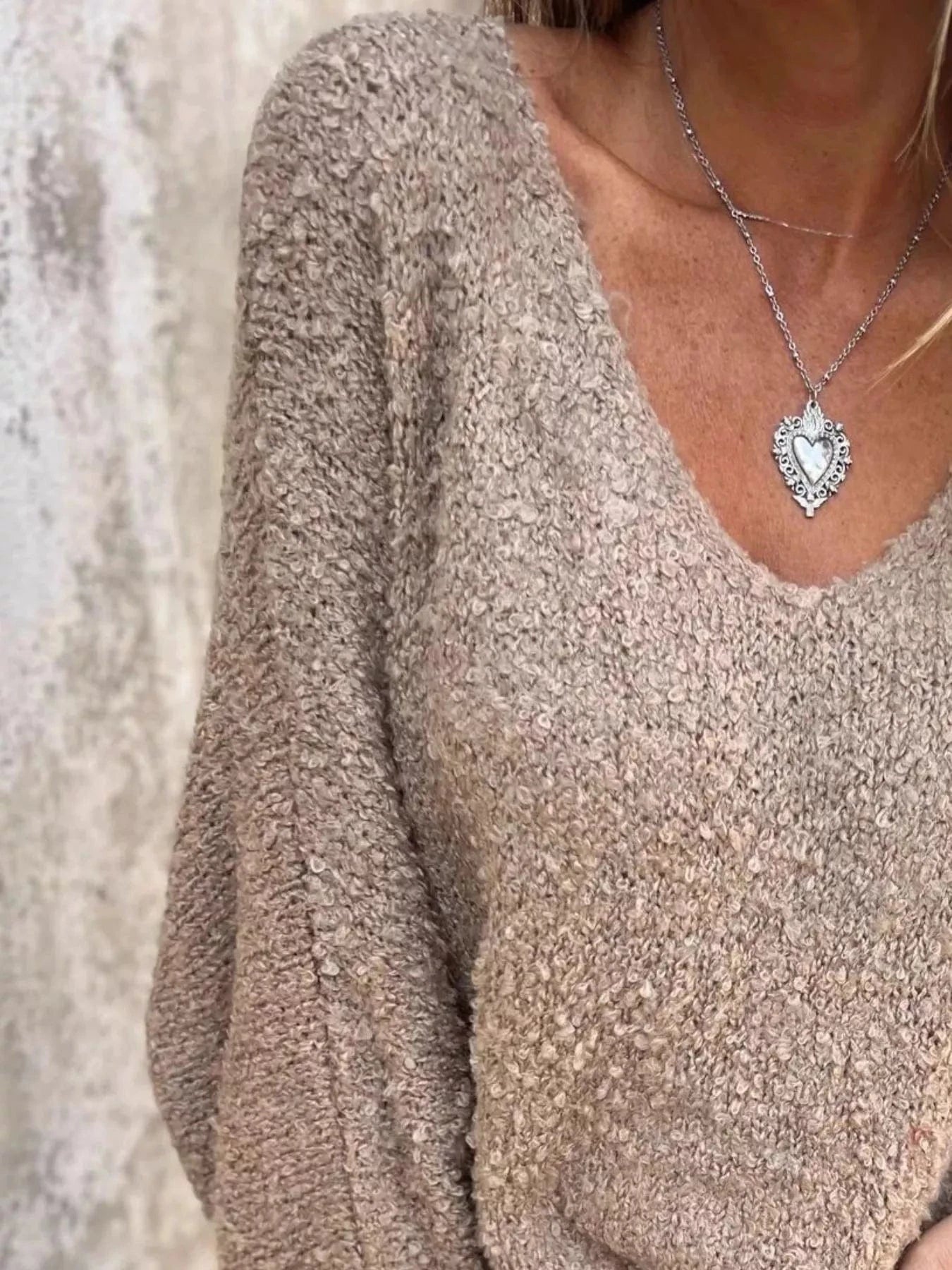 Full Size V - Neck Long Sleeve Sweater Plus Size - ShalayeFashion