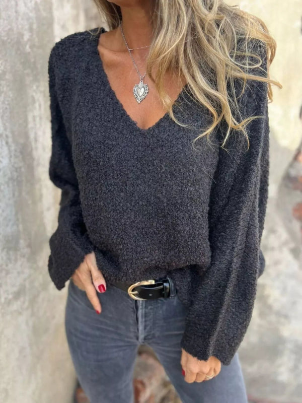 Full Size V - Neck Long Sleeve Sweater Plus Size - ShalayeFashion