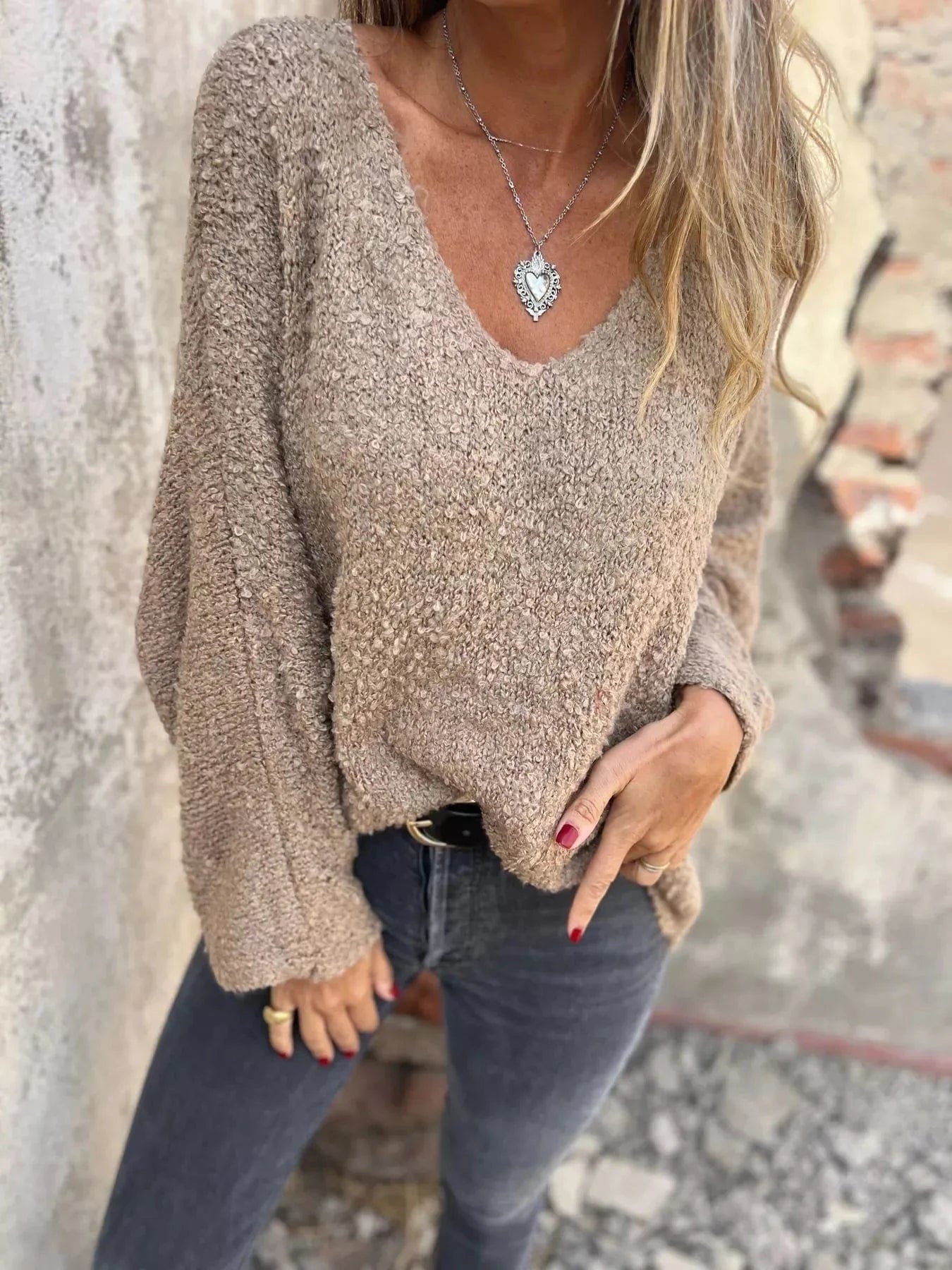 Full Size V - Neck Long Sleeve Sweater Plus Size - ShalayeFashion