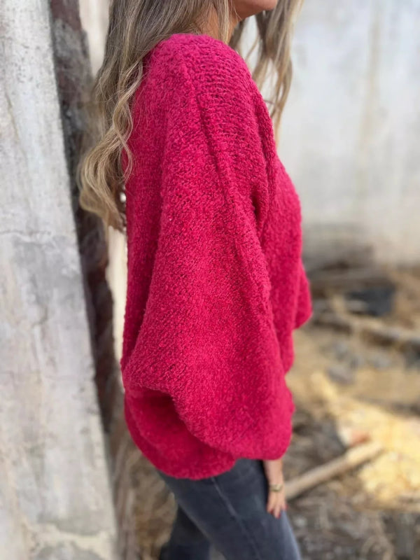 Full Size V - Neck Long Sleeve Sweater Plus Size - ShalayeFashion