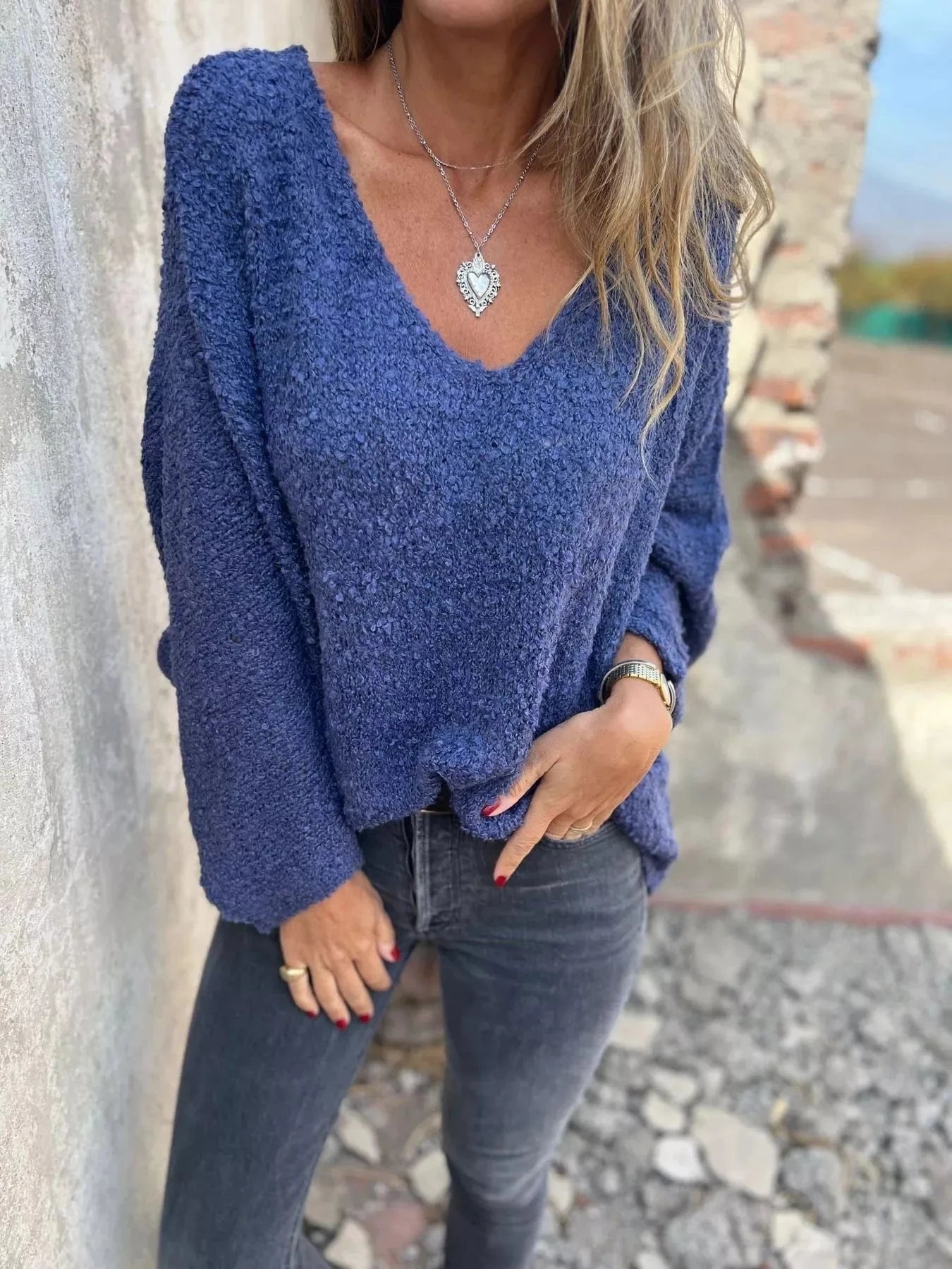Full Size V - Neck Long Sleeve Sweater Plus Size - ShalayeFashion
