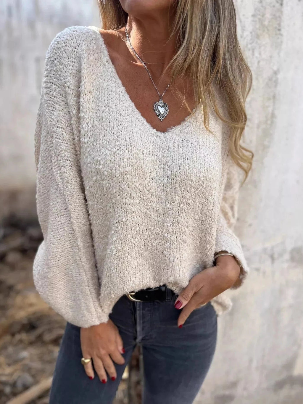 Full Size V - Neck Long Sleeve Sweater Plus Size - ShalayeFashion