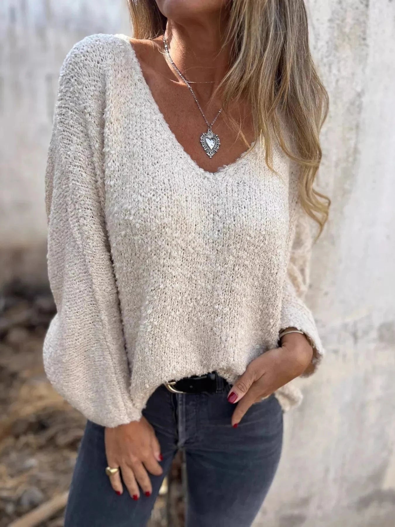 Full Size V - Neck Long Sleeve Sweater Plus Size - ShalayeFashion