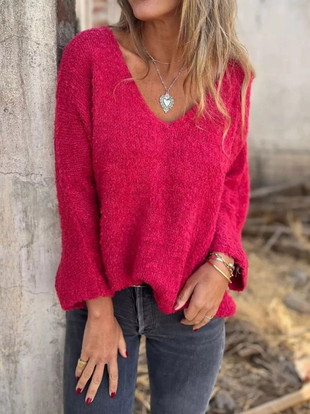 Full Size V - Neck Long Sleeve Sweater Plus Size - ShalayeFashion