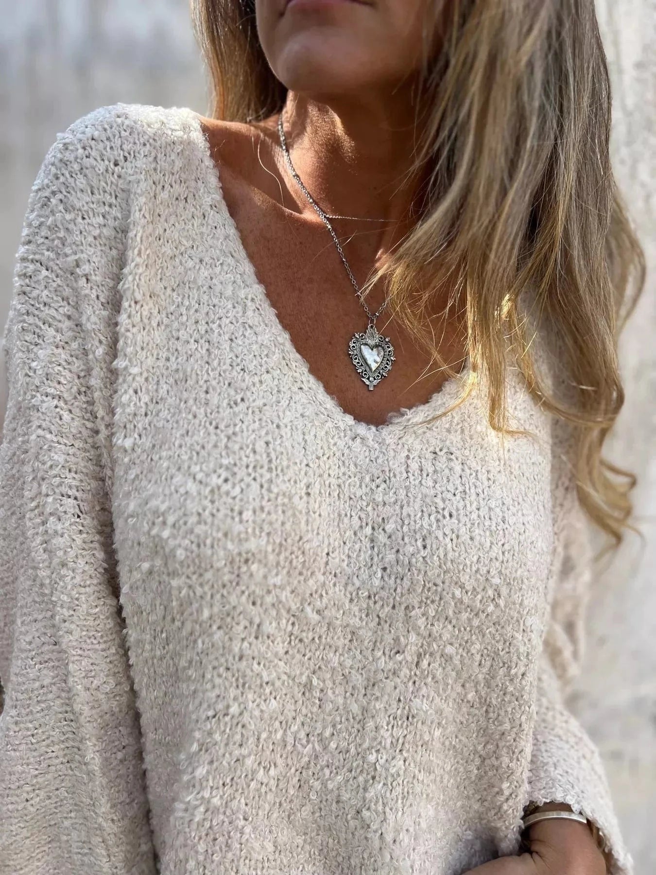 Full Size V - Neck Long Sleeve Sweater Plus Size - ShalayeFashion