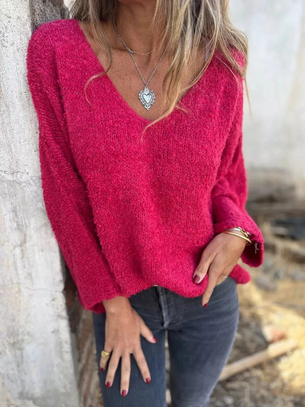Full Size V - Neck Long Sleeve Sweater Plus Size - ShalayeFashion