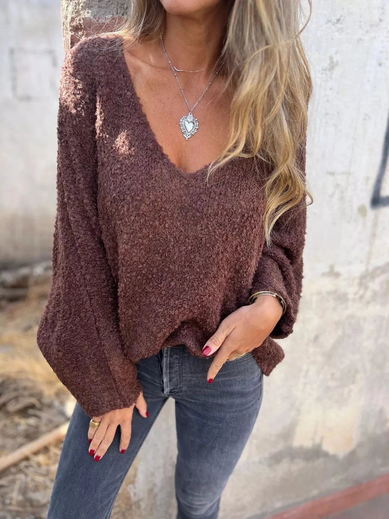 Full Size V - Neck Long Sleeve Sweater Plus Size - ShalayeFashion