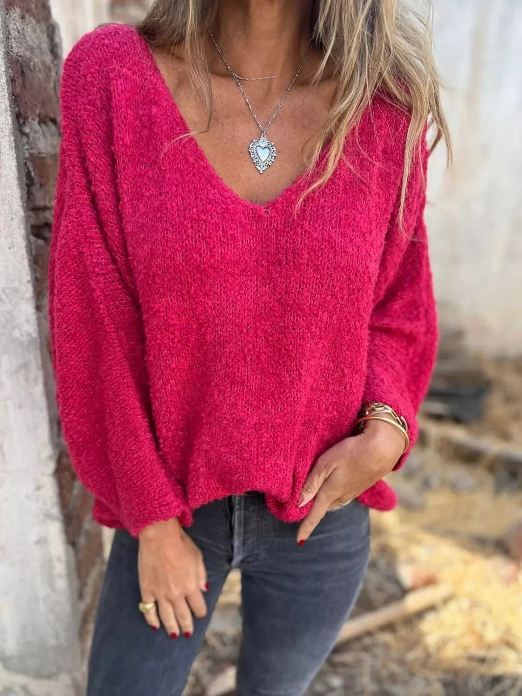 Full Size V - Neck Long Sleeve Sweater Plus Size - ShalayeFashion
