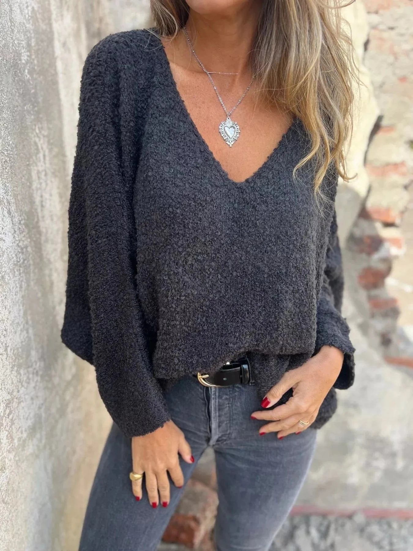 Full Size V - Neck Long Sleeve Sweater Plus Size - ShalayeFashion