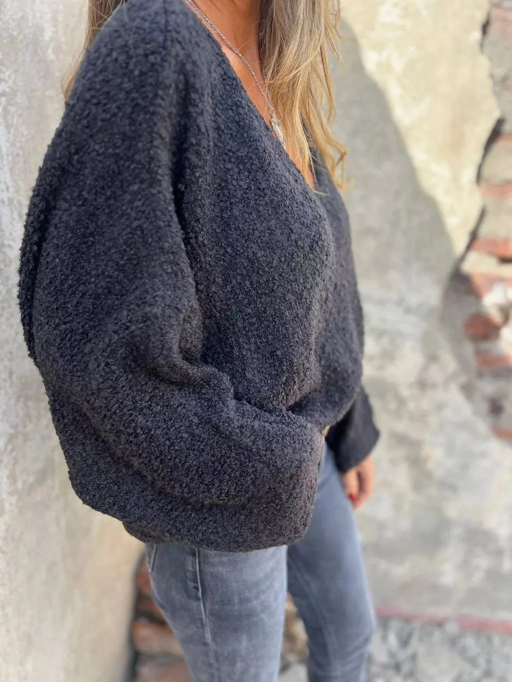 Full Size V - Neck Long Sleeve Sweater Plus Size - ShalayeFashion