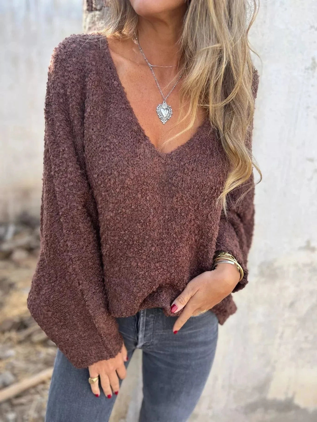 Full Size V - Neck Long Sleeve Sweater Plus Size - ShalayeFashion