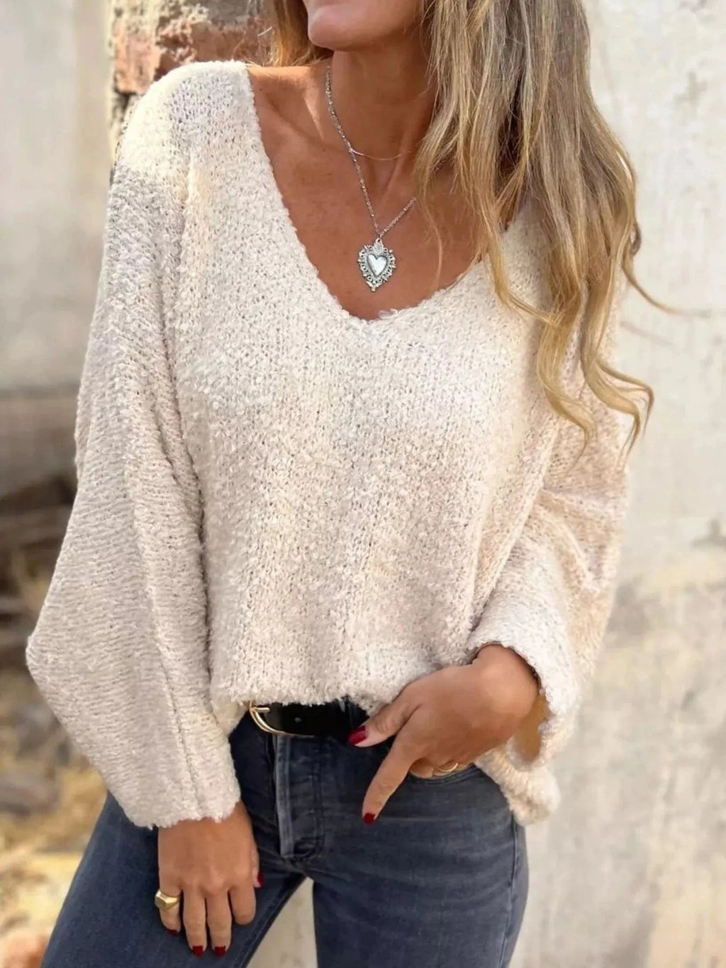 Full Size V - Neck Long Sleeve Sweater Plus Size - ShalayeFashion