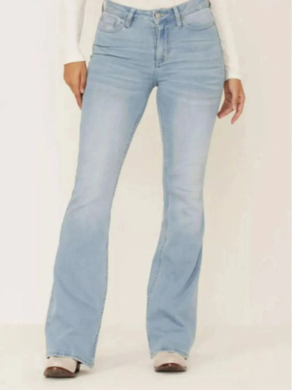Full Size Wash Flare Jeans with Pockets Plus Size - ShalayeFashion
