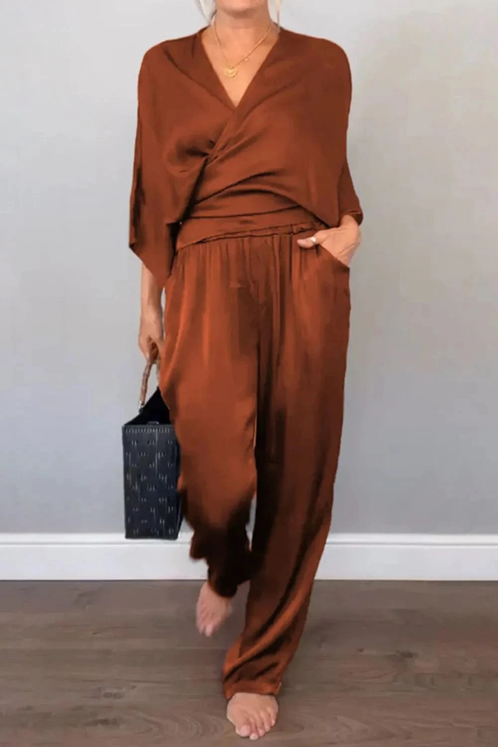 Full Size Wrap Surplice Top and Pants Set Plus Size - ShalayeFashion