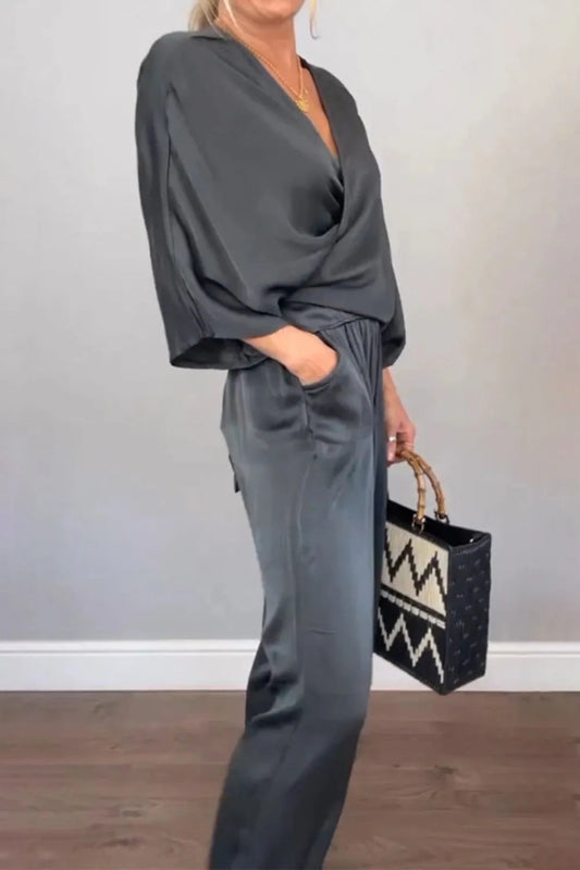Full Size Wrap Surplice Top and Pants Set Plus Size - ShalayeFashion
