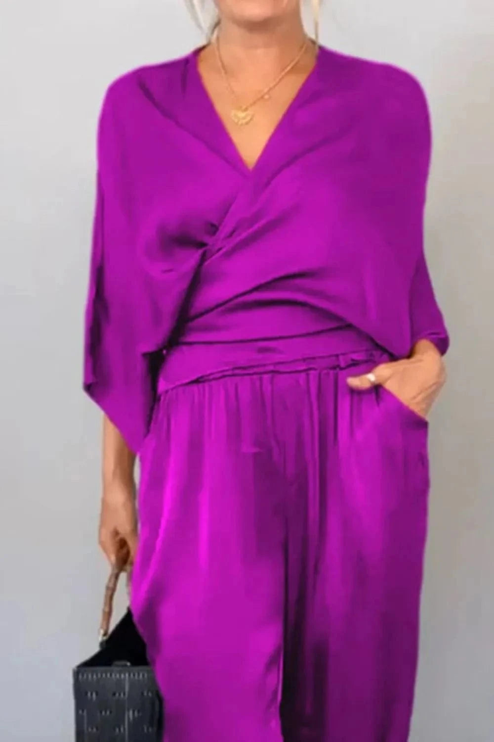 Full Size Wrap Surplice Top and Pants Set Plus Size - ShalayeFashion