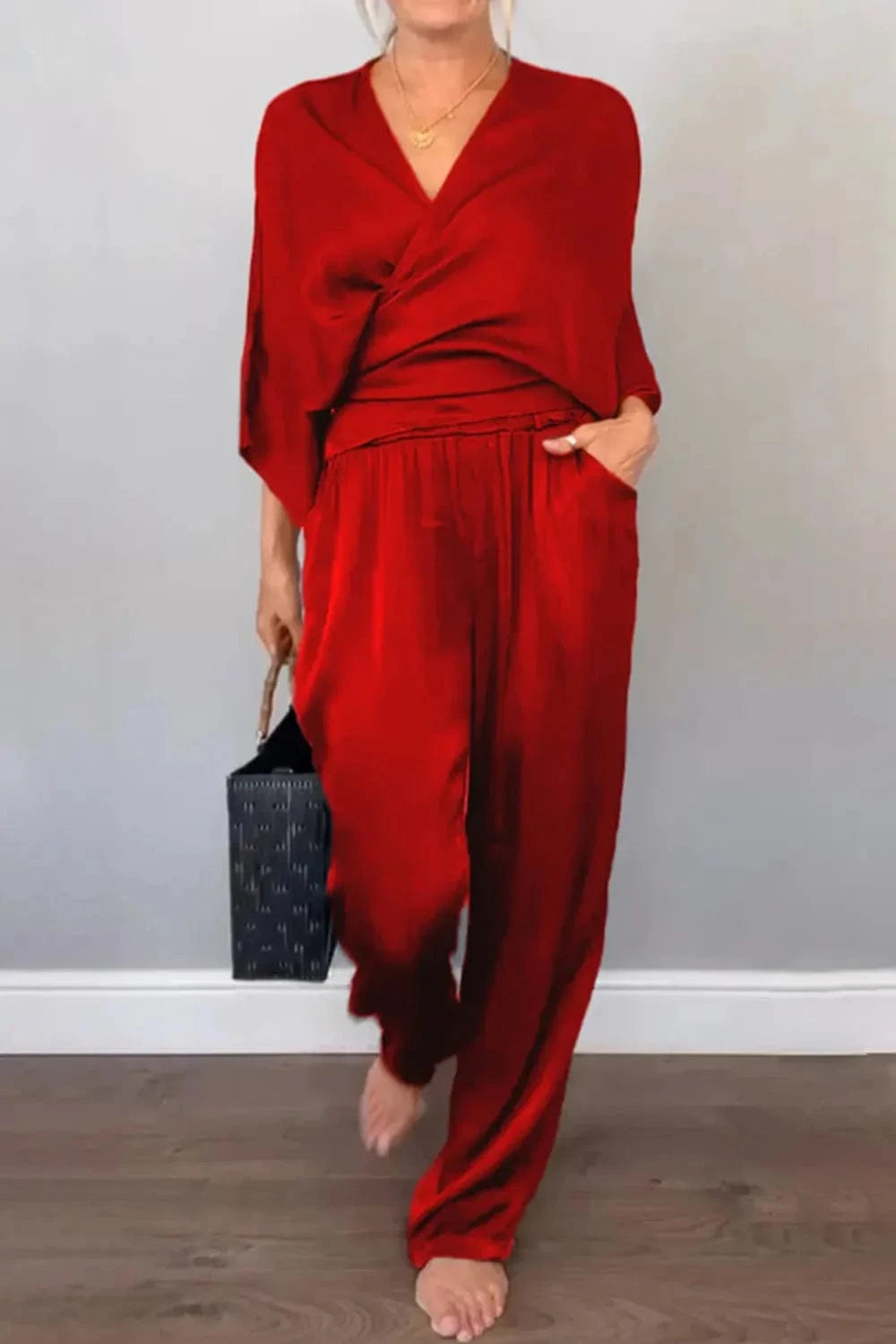 Full Size Wrap Surplice Top and Pants Set Plus Size - ShalayeFashion