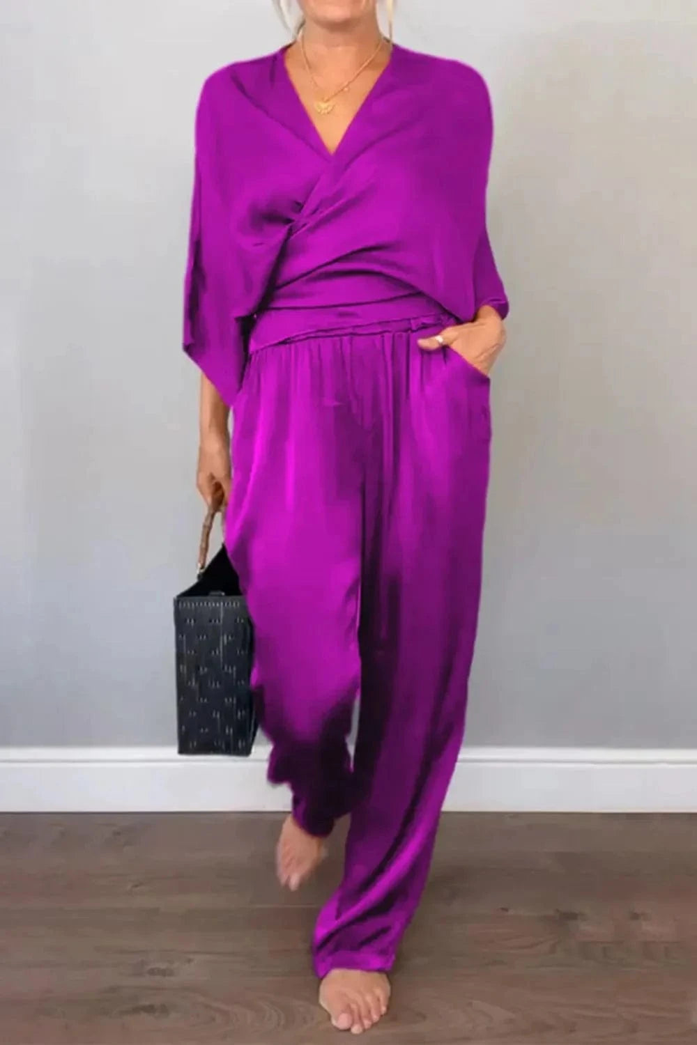 Full Size Wrap Surplice Top and Pants Set Plus Size - ShalayeFashion