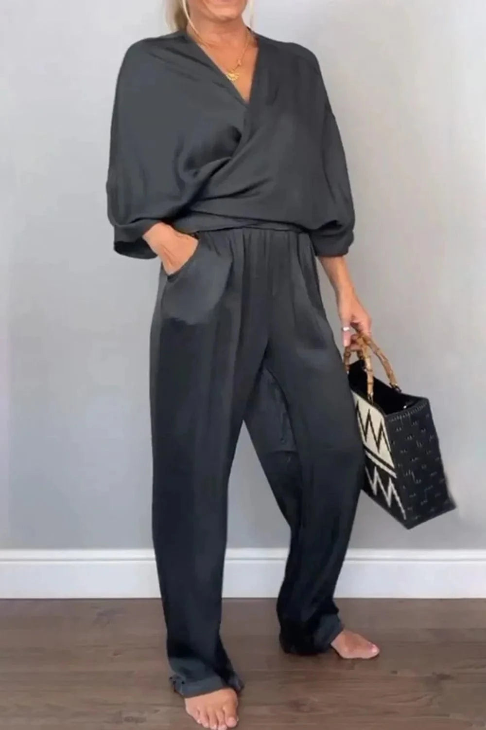 Full Size Wrap Surplice Top and Pants Set Plus Size - ShalayeFashion