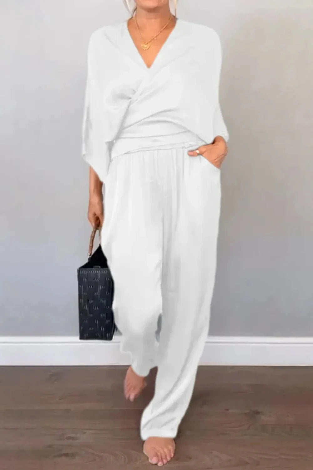 Full Size Wrap Surplice Top and Pants Set Plus Size - ShalayeFashion