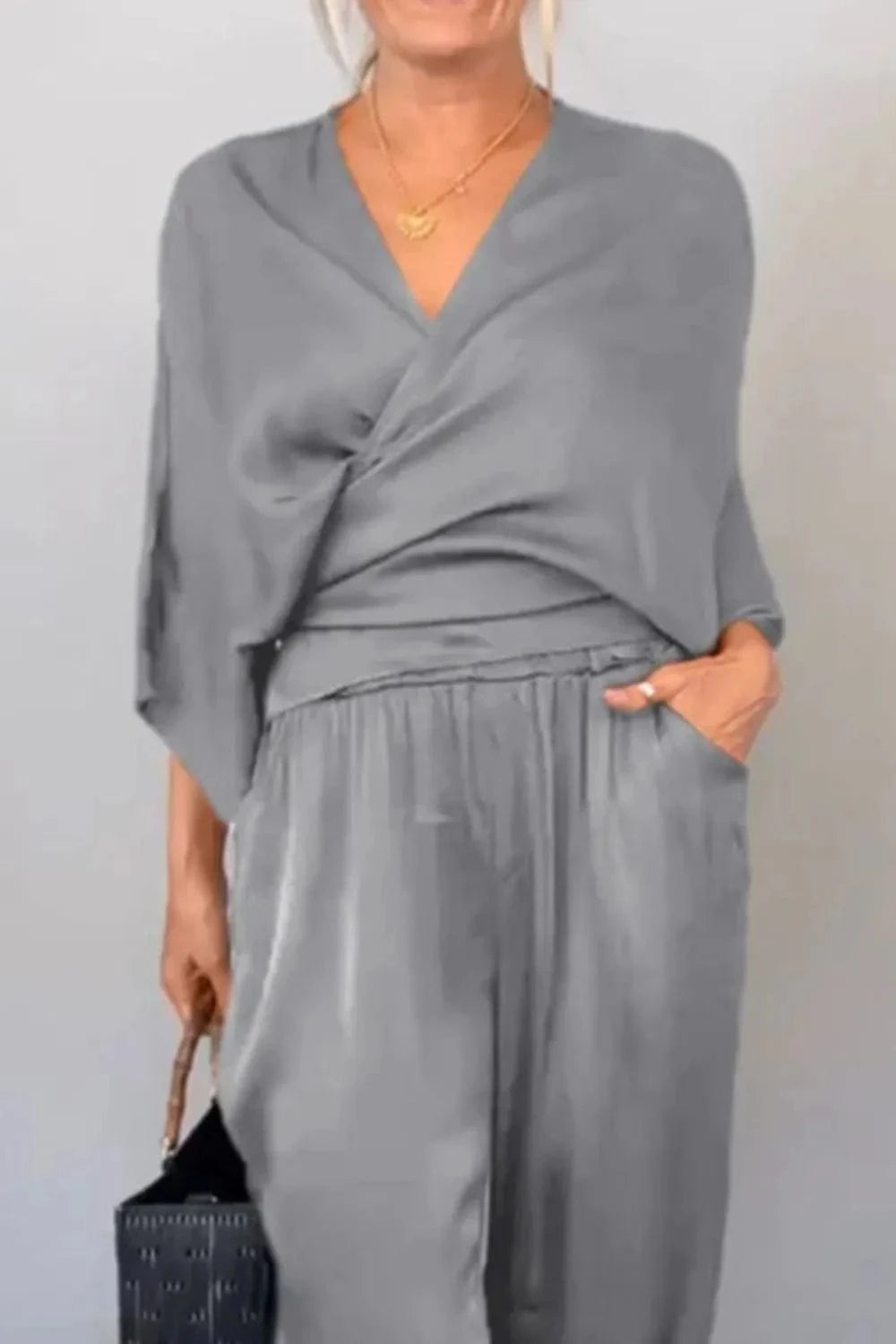 Full Size Wrap Surplice Top and Pants Set Plus Size - ShalayeFashion
