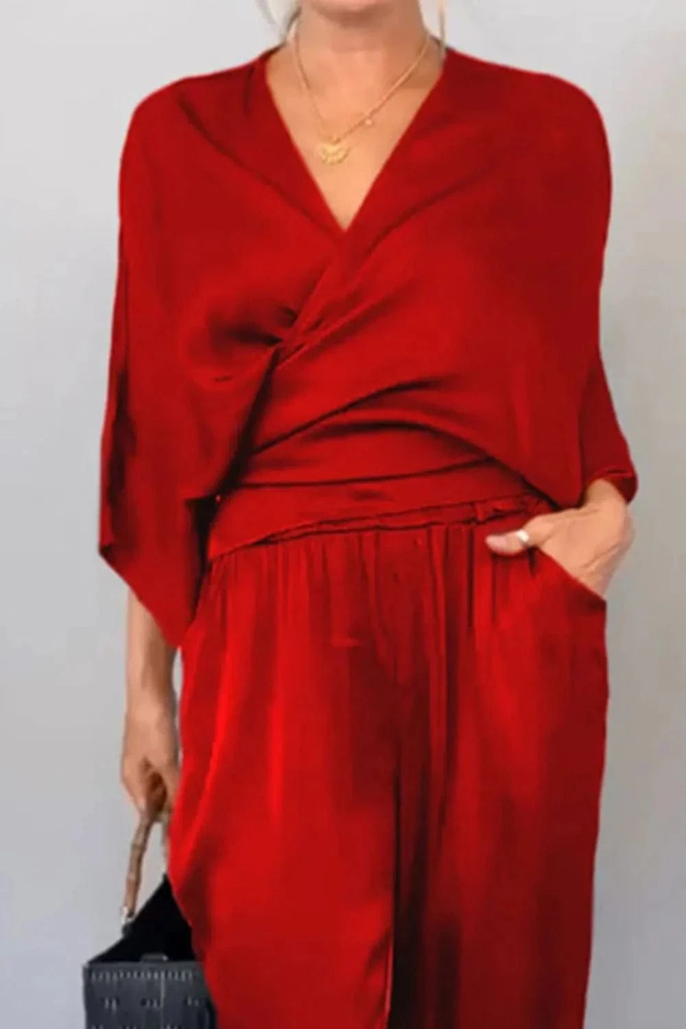 Full Size Wrap Surplice Top and Pants Set Plus Size - ShalayeFashion