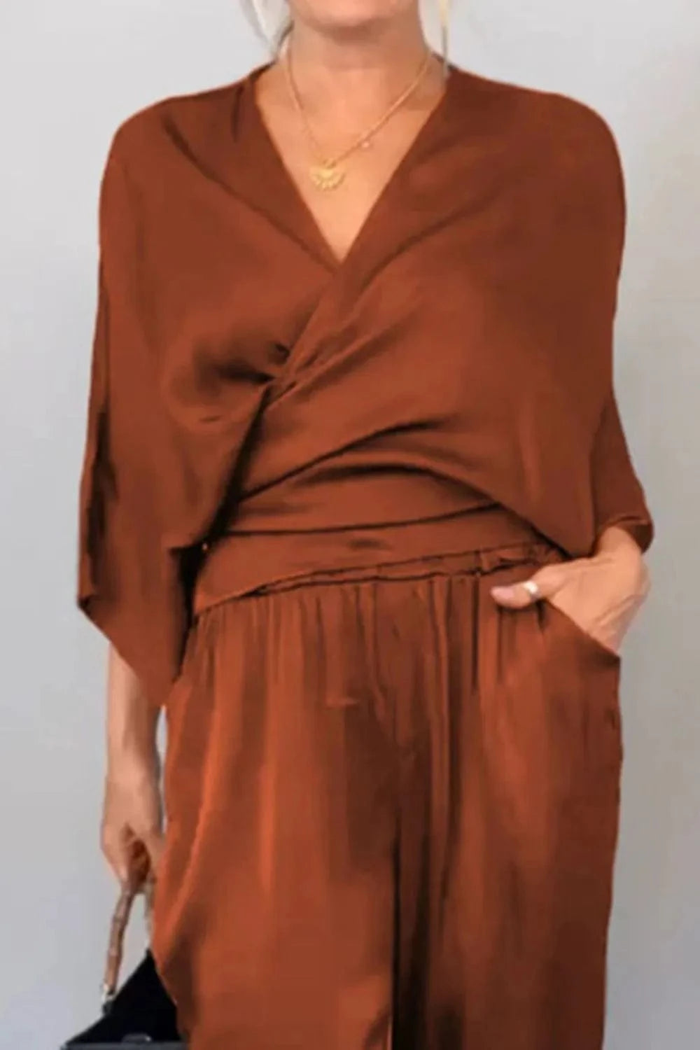 Full Size Wrap Surplice Top and Pants Set Plus Size - ShalayeFashion