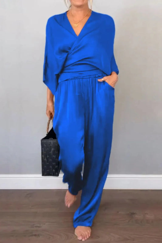 Full Size Wrap Surplice Top and Pants Set Plus Size - ShalayeFashion