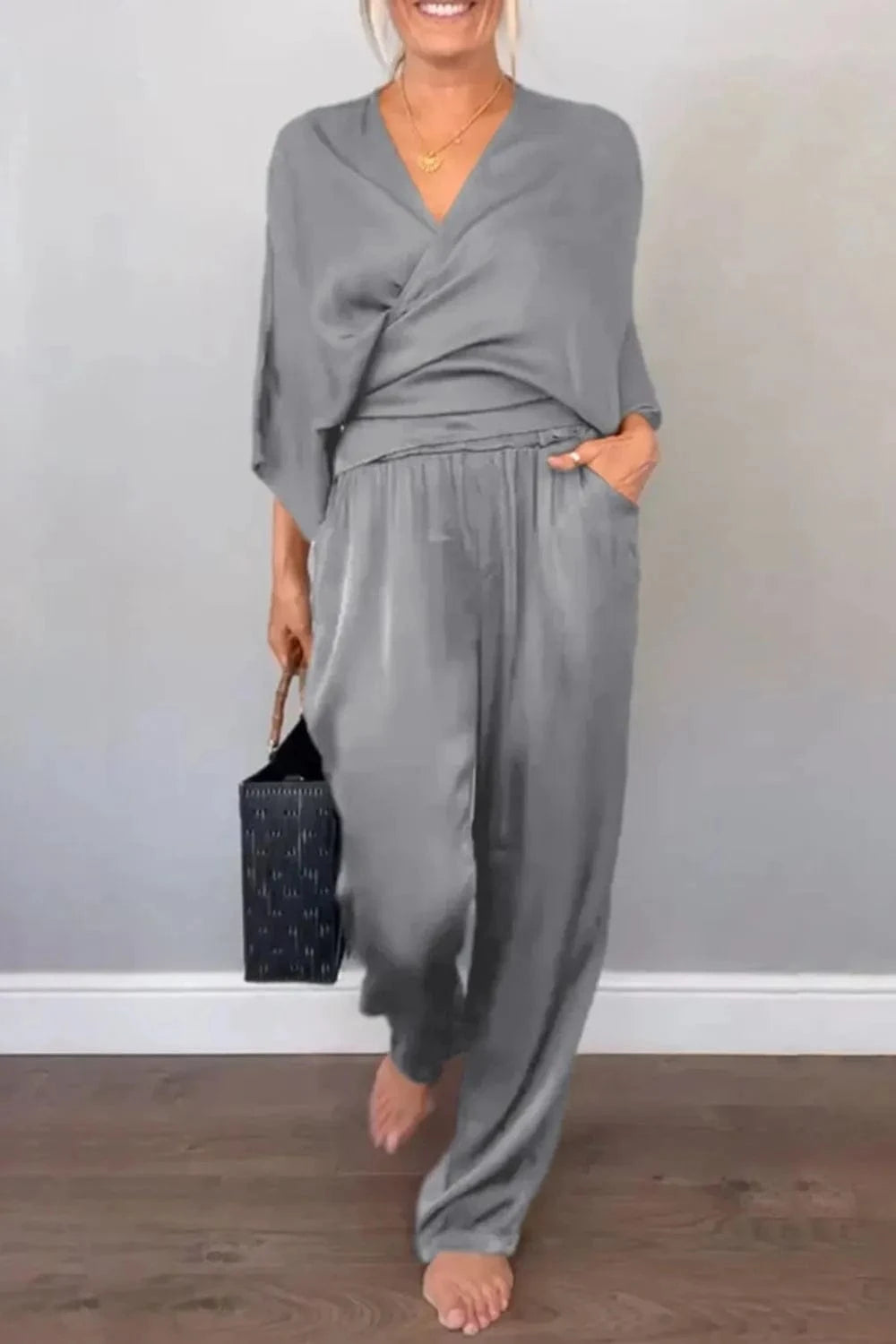 Full Size Wrap Surplice Top and Pants Set Plus Size - ShalayeFashion