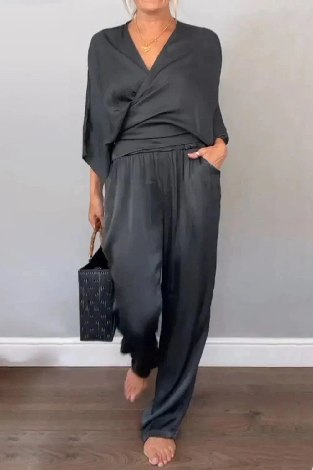 Full Size Wrap Surplice Top and Pants Set Plus Size - ShalayeFashion