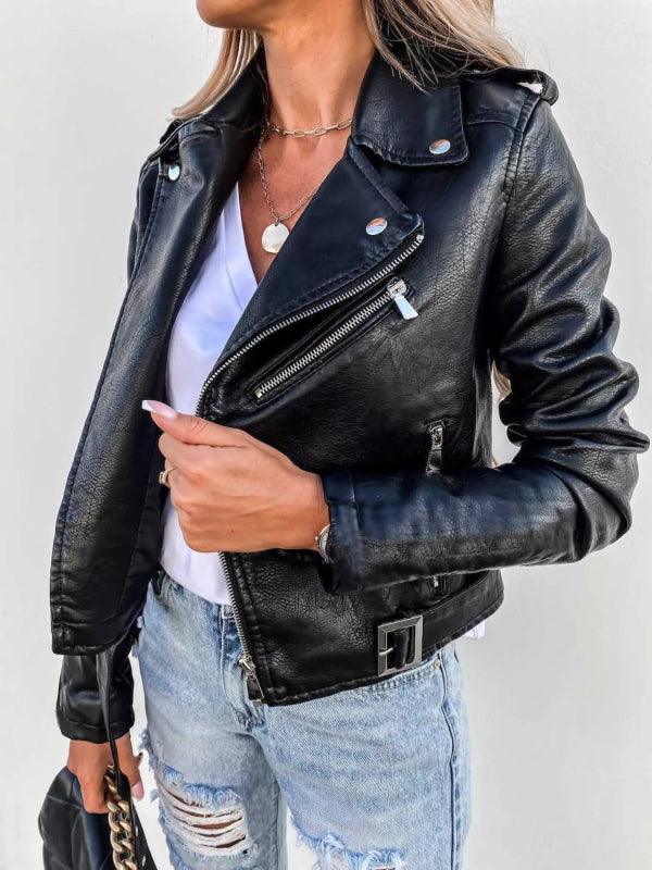 Full Size Zip Up Leather Motorcycle Biker Jacket Plus Size - ShalayeFashion