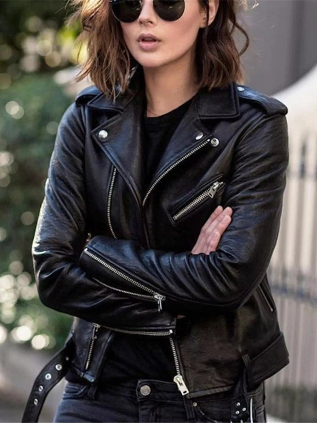 Full Size Zip Up Leather Motorcycle Biker Jacket Plus Size - ShalayeFashion