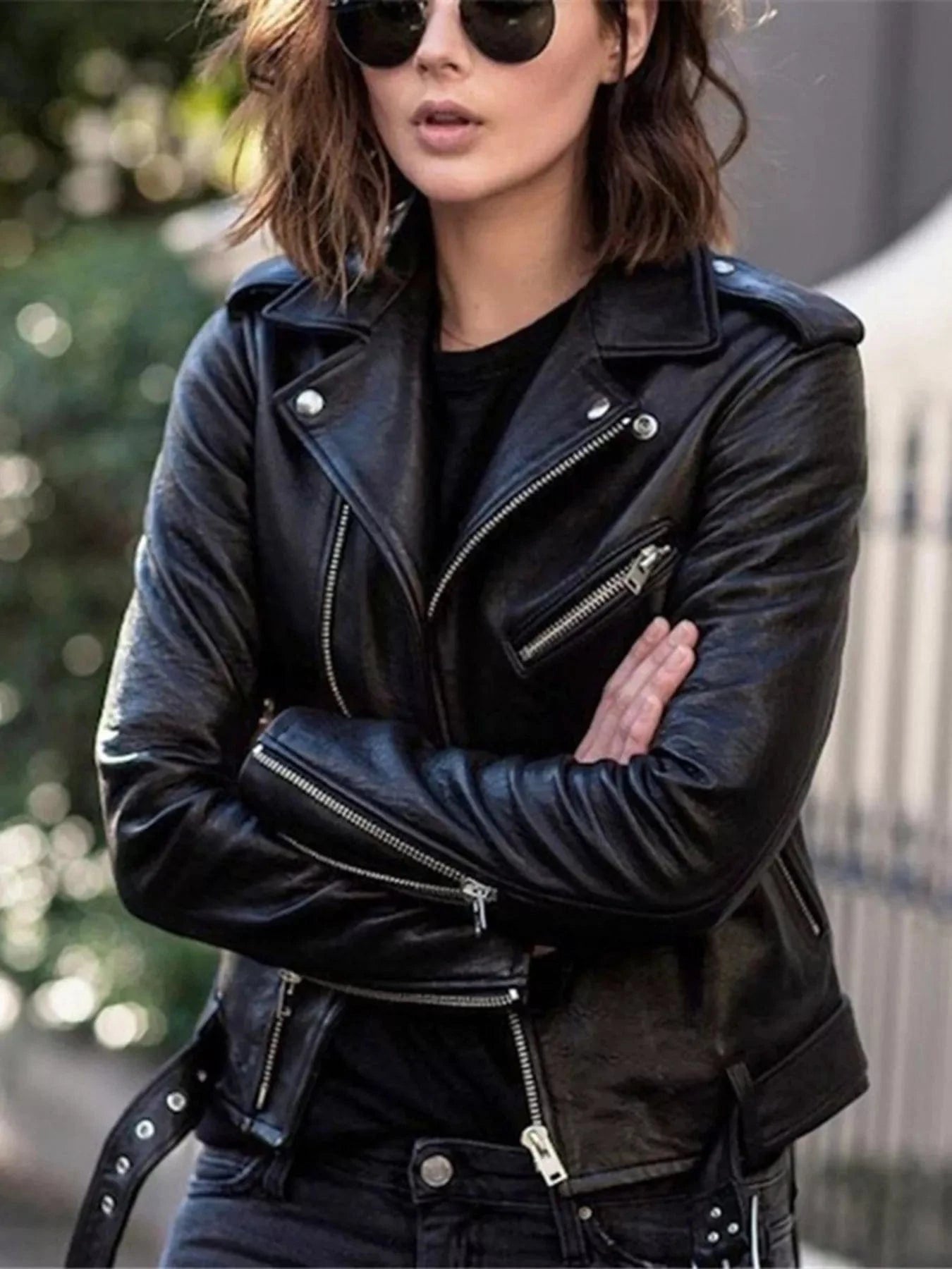 Full Size Zip Up Leather Motorcycle Biker Jacket Plus Size - ShalayeFashion