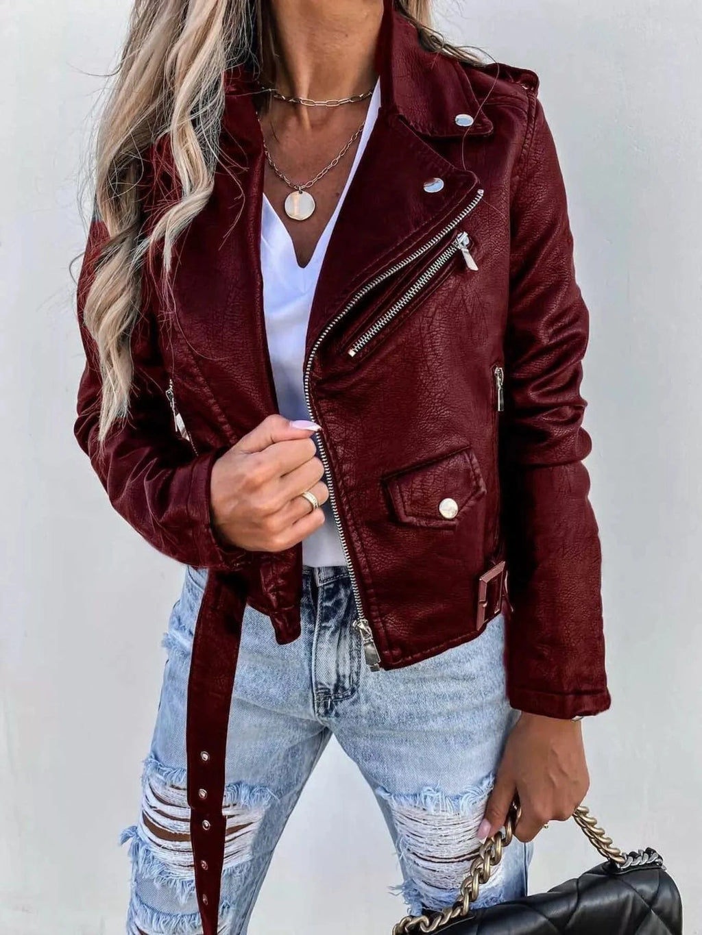 Full Size Zip Up Leather Motorcycle Biker Jacket Plus Size - ShalayeFashion