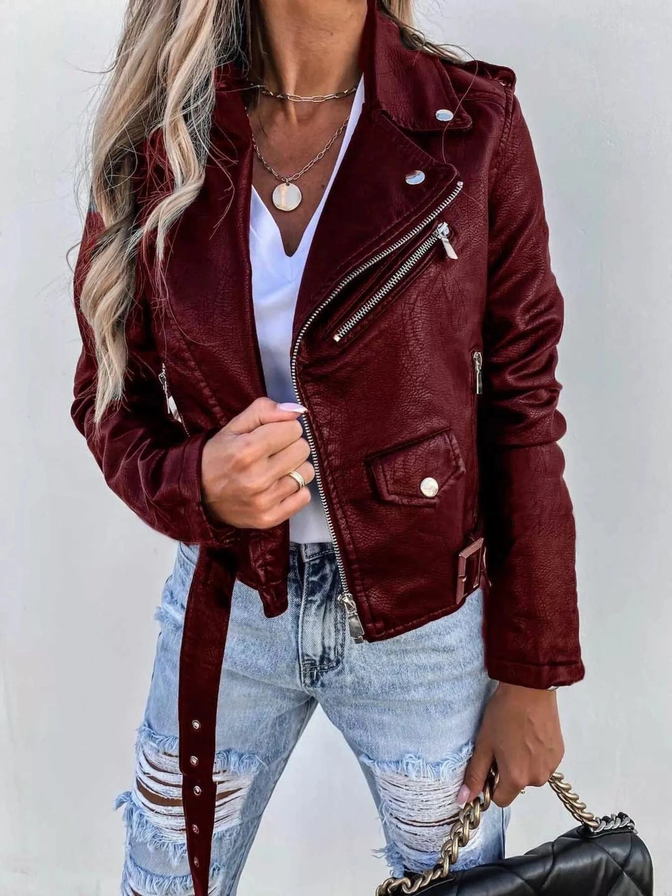 Full Size Zip Up Leather Motorcycle Biker Jacket Plus Size - ShalayeFashion