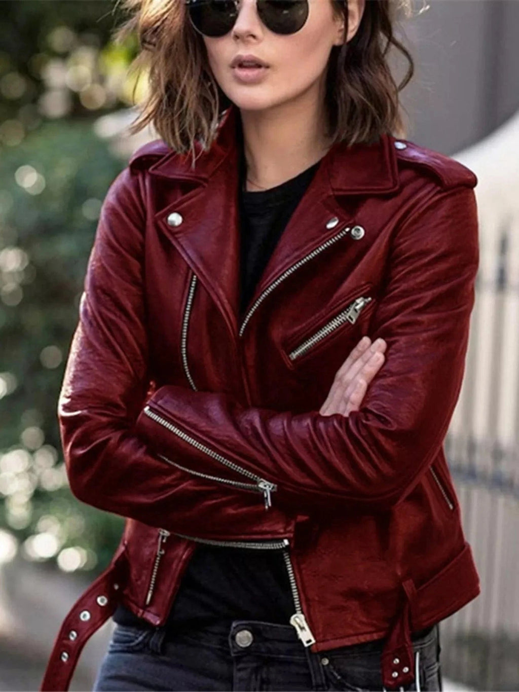 Full Size Zip Up Leather Motorcycle Biker Jacket Plus Size - ShalayeFashion