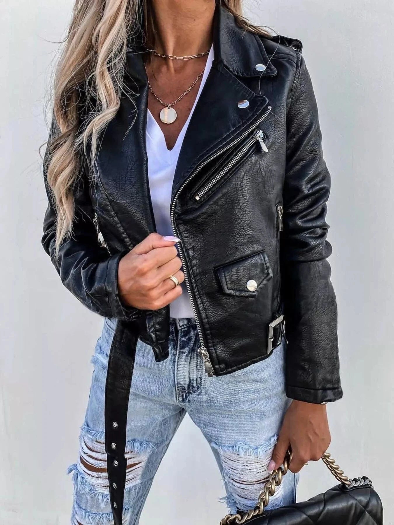 Full Size Zip Up Leather Motorcycle Biker Jacket Plus Size - ShalayeFashion